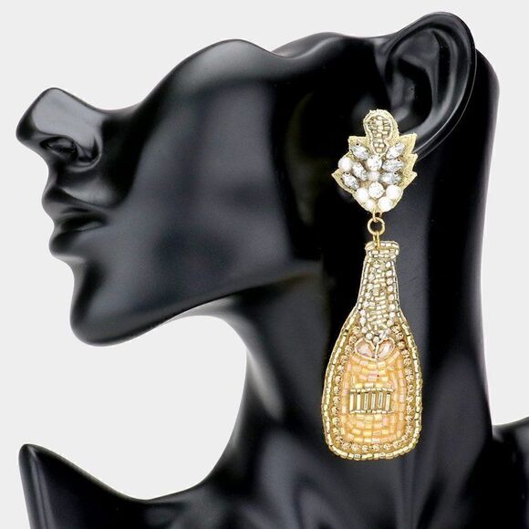 Champagne Bottle Gold Seed Bead Earrings NWT - Picture 1 of 6